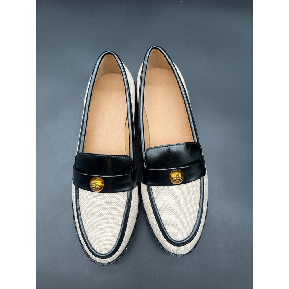 Woman's Loafers size 8 Tan and Black Faux GOLD Detail
